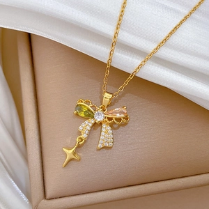 Elegant gold butterfly and star pendant necklace with multi-color zircon stones