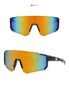 Front and side views of sports sunglasses with colorful gradient lenses and black frames