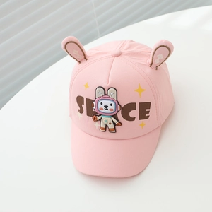 Detail of pink toddler baseball cap featuring 3D rabbit ears and space bunny patch