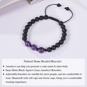 Adjustable natural amethyst and matte black onyx 12mm beaded braided stone bracelet