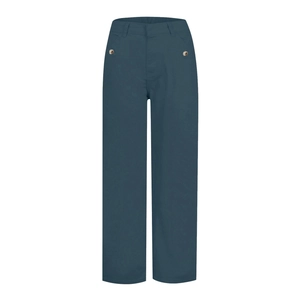 Close-up of deep blue wide-leg jeans featuring decorative double metal waist buttons