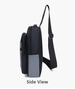 Side view showing spatial depth of multi-layered Oxford fabric crossbody waist bag