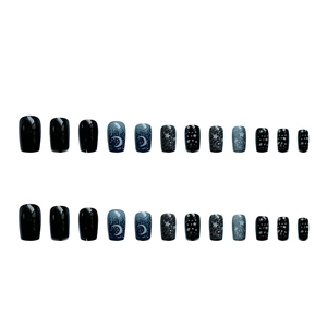 Star and moon theme press-on nails in black and starry sky pattern 24-piece set