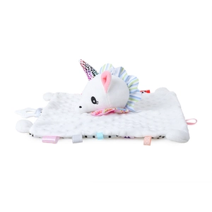 Detailed view of white unicorn baby comforter toy with sensory tags and teether ring