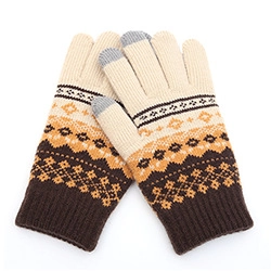 Detail of Fair Isle knit gloves featuring touch screen fingertips and warm thermal lining