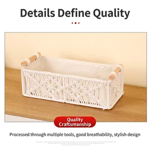 Cotton rope woven storage basket with fabric lining and sturdy wooden handles