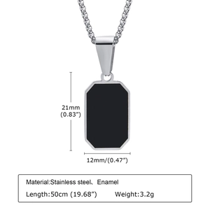Detail view of silver stainless steel necklace with black enamel pendant and size specs
