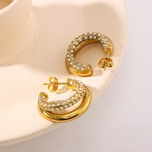 C-Shape Hoop Earrings 18K Gold Plated Stainless Steel Rhinestone Encrusted Twist Texture Geometric Trendy Jewelry Women
