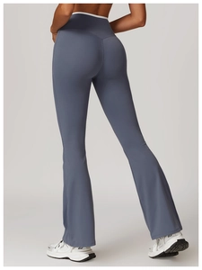 Rückansicht der Schlaghose für Yoga in Schieferblau mit formender hoher Taille und Passform