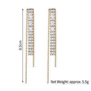 304 stainless steel long tassel earrings in gold with rectangular cubic zirconia accents