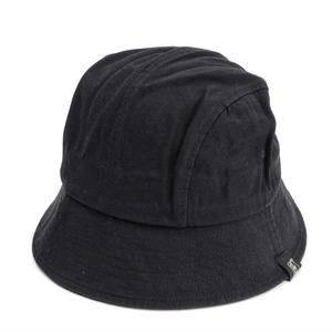 Detail shot of black cotton bucket hat showing reinforced stitching and side logo label