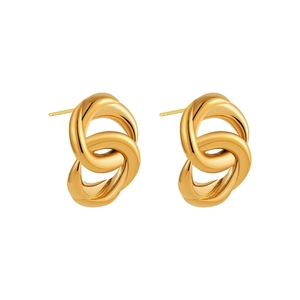 Detailed macro view of 18K gold double twisted oval hoop earrings with polished finish