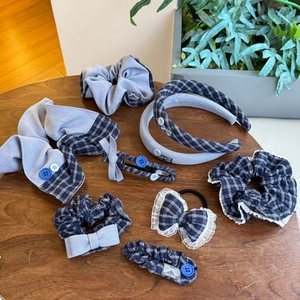 Retro Blue White Plaid Bow Hair Accessories Fabric Lace Scrunchies Headband Hair Clips Sweet Handmade For Women