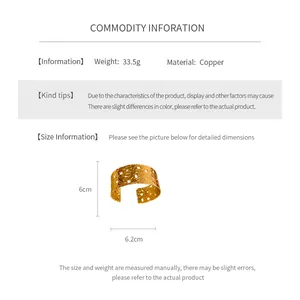 Size guide for wide hollow cuff bracelet showing dimensions 6cm x 6.2cm and 33.5g weight