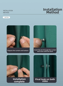 Step-by-step installation of magnetic curtain buckles on green fabric for light blocking