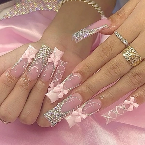 Pink French long square press-on nails with 3D bows and rhinestones on satin