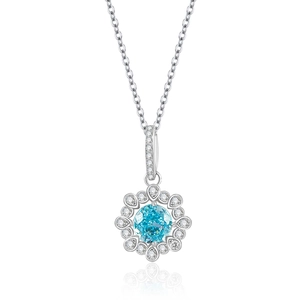 925 silver necklace with 6mm light blue round gemstone and petal-shaped diamond halo
