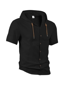 Detail view of black linen short sleeve hoodie with brown drawstring and five-button placket