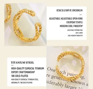 Detailed macro view of twisted rope titanium steel ring with 18K gold plating finish