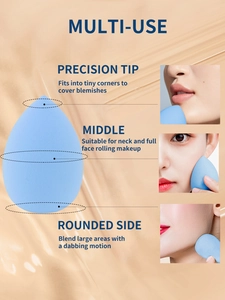 Blue teardrop makeup sponge with precision tip and rounded sides for liquid foundation