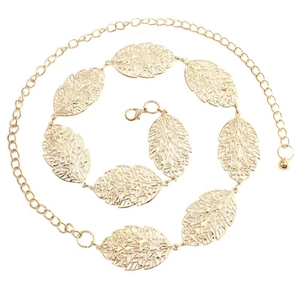 Elegant gold metal waist chain with hollow leaf design and adjustable lobster clasp for women