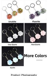 Detailed catalog of cat paw crystal keychains in rose quartz, opalite and fluorite