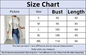 Detailed size guide table for women's elegant drawstring waist cardigan trench coat