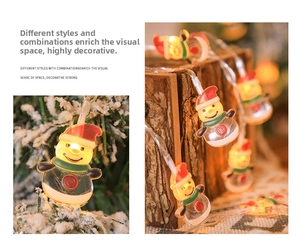 Detail of cute snowman LED string lights with warm yellow glow on a decorated Xmas tree