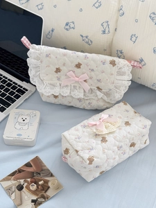 Detailed close-up of quilted cotton bear print cosmetic bags with lace and bow accents