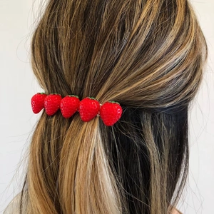 Handmade red strawberry barrette hair clip for women with realistic resin fruit design