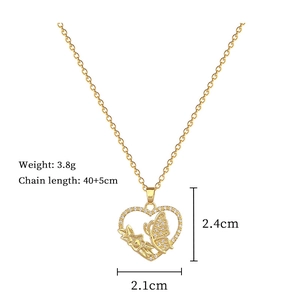 Detail view of heart butterfly pendant with dimensions 2.4x2.1cm and 40+5cm chain