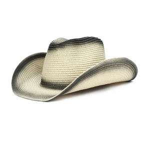 Klassischer Western-Strohhut in Beige mit schwarz verlaufender, breiter, geschwungener Krempe