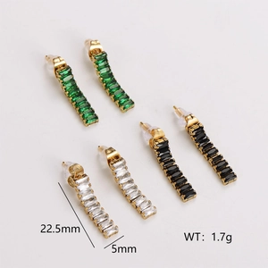 Golden rectangular bar earrings with colorful zircon stones in green, black and clear