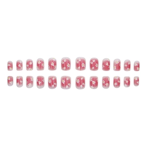 Pink gradient press-on nails with white daisy floral design, 24-piece full set