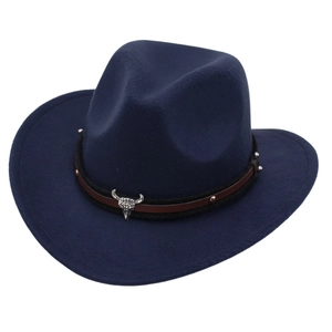 Navy blue children's western cowboy hat with silver longhorn skull and rivet band