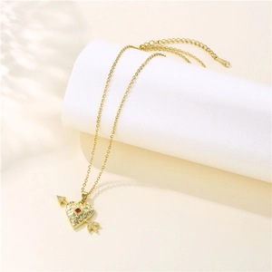 Gold stainless steel heart necklace with arrow pendant and red zircon detail