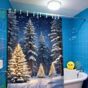 Waterproof polyester shower curtain with snow-covered forest and warm winter lights
