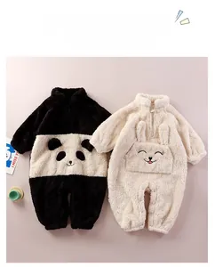Close-up of soft coral fleece baby rompers with cute panda and rabbit animal designs
