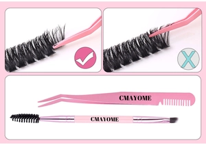 Pink lash extension tweezers and double-headed makeup brush set for DIY eyelashes