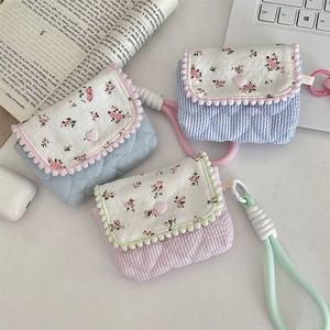 Detailed shot of quilted floral cotton CCD camera bags with heart buttons and lanyards