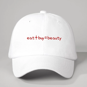 Weiße Baumwoll-Baseballkappe mit rotem Eat Buy Beauty Slogan und verstellbarem Schirm