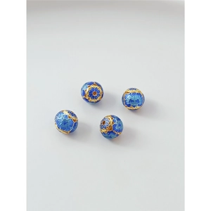 Set of four 18K gold-plated blue Cloisonné spacer beads with floral enamel patterns