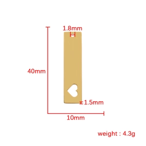 Golden stainless steel rectangular tag pendant with hollow heart detail and measurements
