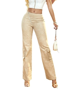 Beige high-waist cargo pants with diagonal zipper and large utility pockets for women