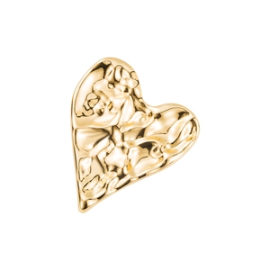 Exaggerated golden heart brooch with textured hammered finish on white background