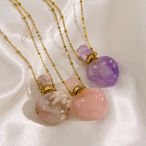 Heart Natural Stone Perfume Bottle Pendant Necklace Stainless Steel 14K Gold Plated Essential Oil Diffuser Jewelry For Women