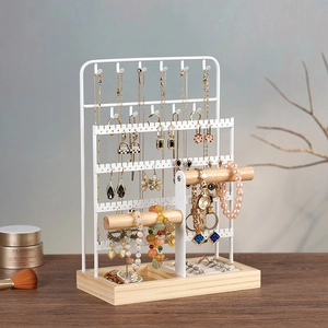 Multi-layer white metal jewelry stand with wooden base tray for rings and necklaces