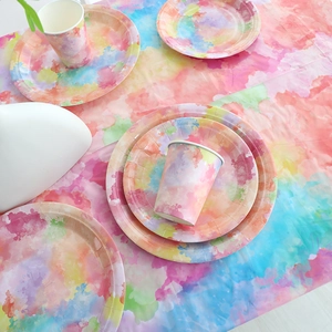 Watercolor splash party tableware set with paper plates, cups and tablecloth decor