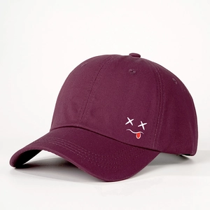 Dark purple baseball cap with cartoon tongue-out embroidery and adjustable strap