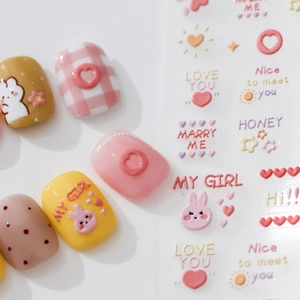 3D embossed bear and bunny nail stickers with heart and floral designs in pastel colors